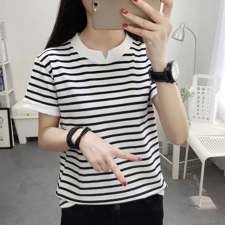 2024 Summer Plus Size Women Striped Cotton T-Shirt Black White - Image 4