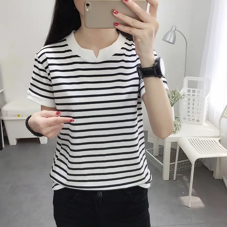 2024 Summer Plus Size Women Striped Cotton T-Shirt Black White - Image 5
