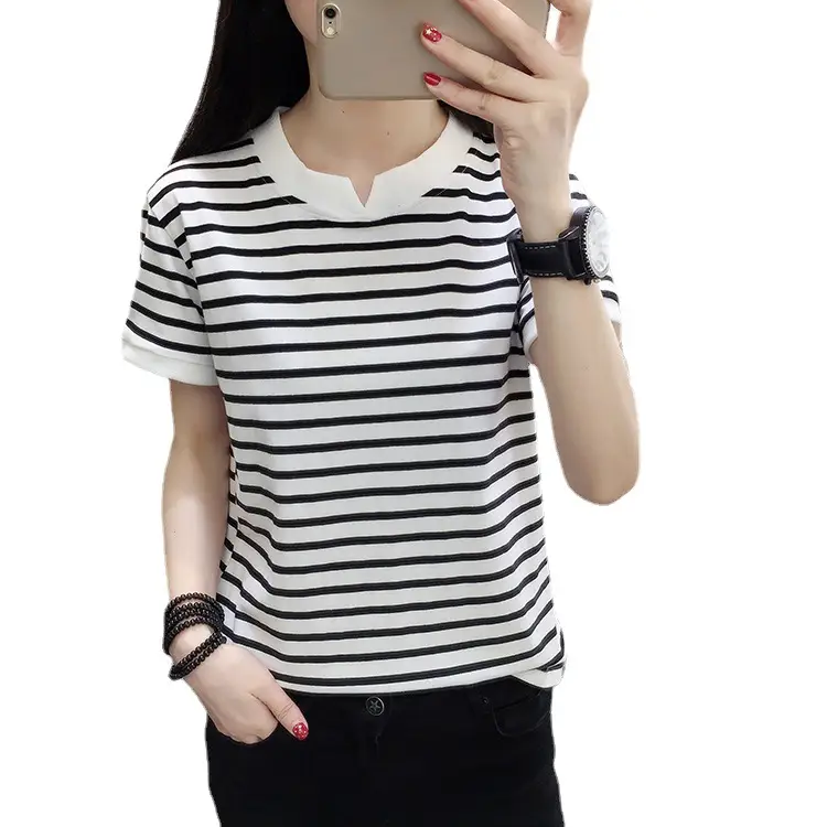 2024 Summer Plus Size Women Striped Cotton T-Shirt Black White - Image 6