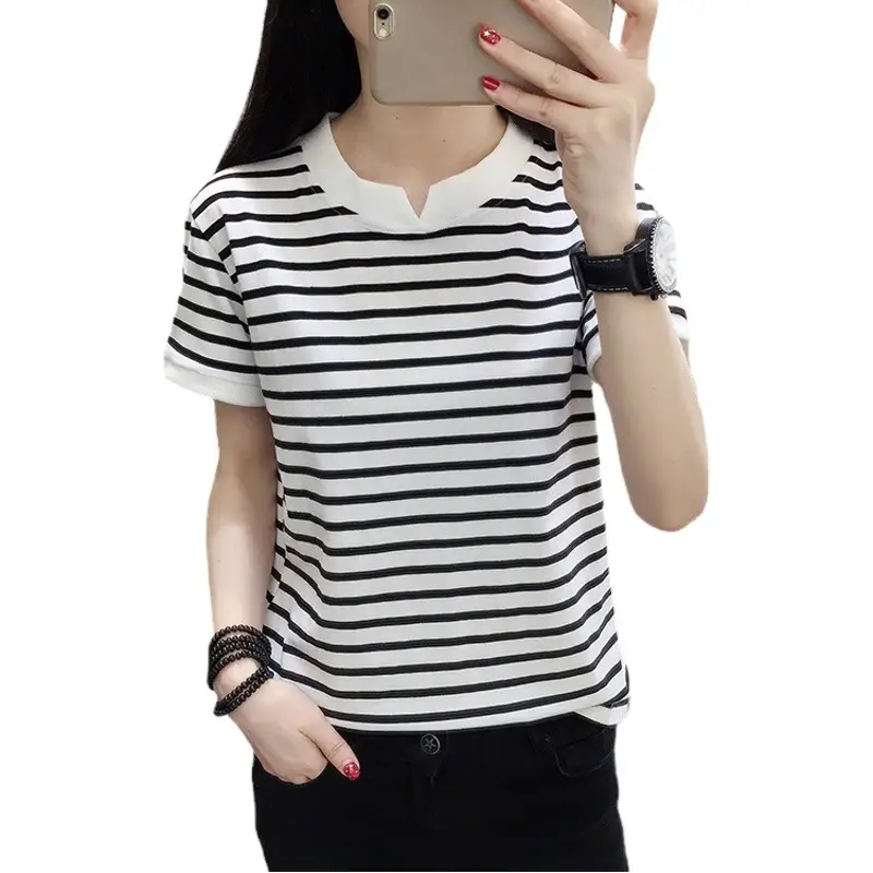 2024 Summer Plus Size Women Striped Cotton T-Shirt Black White