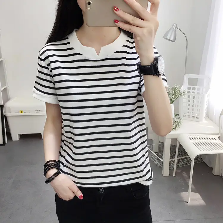 2024 Summer Plus Size Women Striped Cotton T-Shirt Black White - Image 2