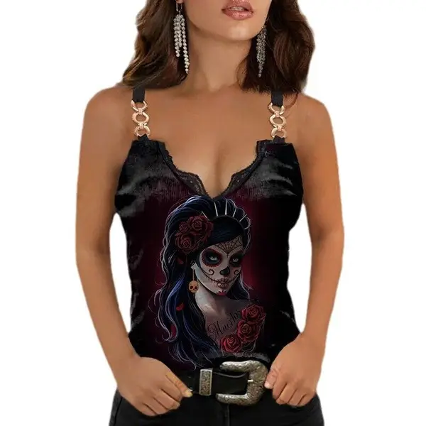 Women Printed Camisole V Neck Lace Decorative 2024 - Image 11