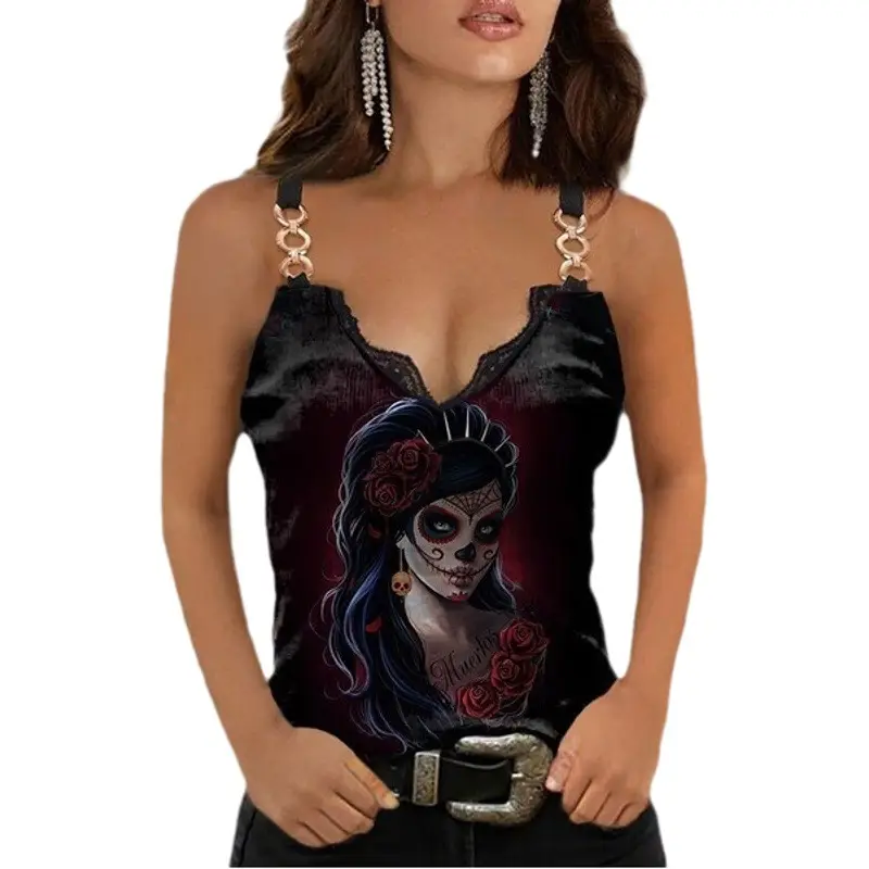 Women Printed Camisole V Neck Lace Decorative 2024