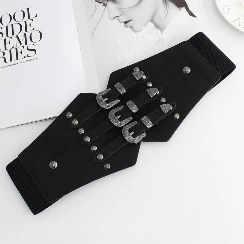 Vintage Black Stretch Belt with Buckle Decor - Image 2