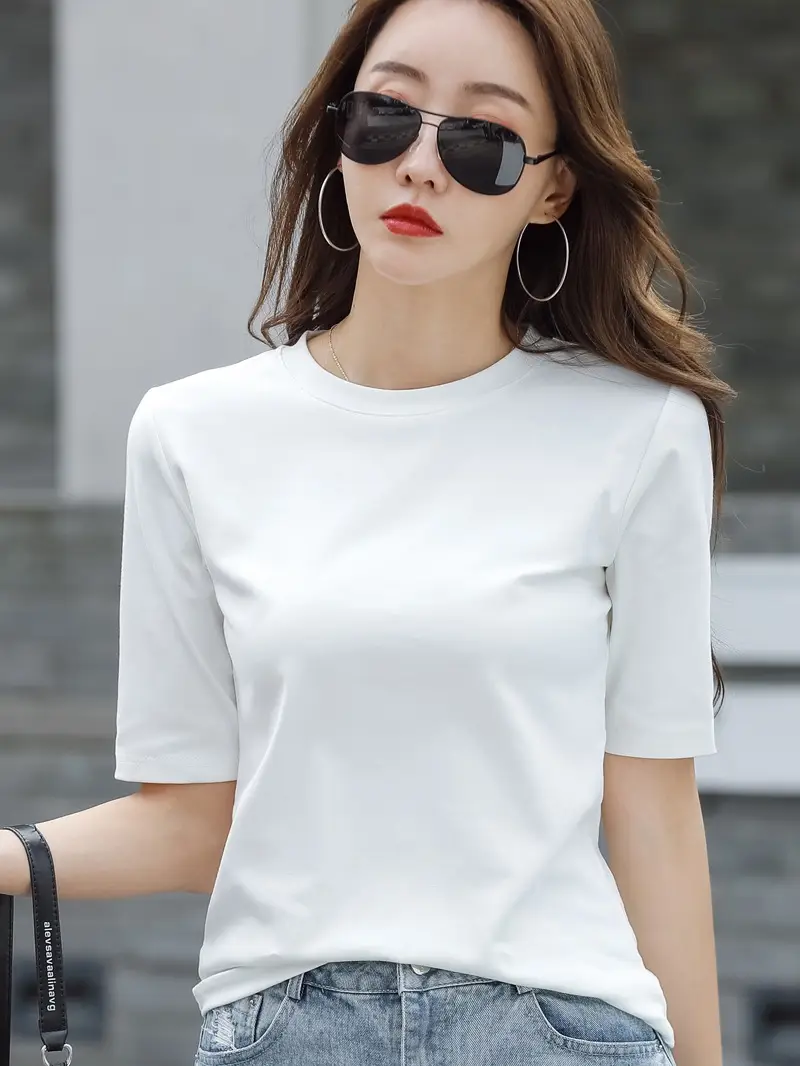 Women White Slim Fit Mid Sleeve T-Shirt 2025 - Image 9