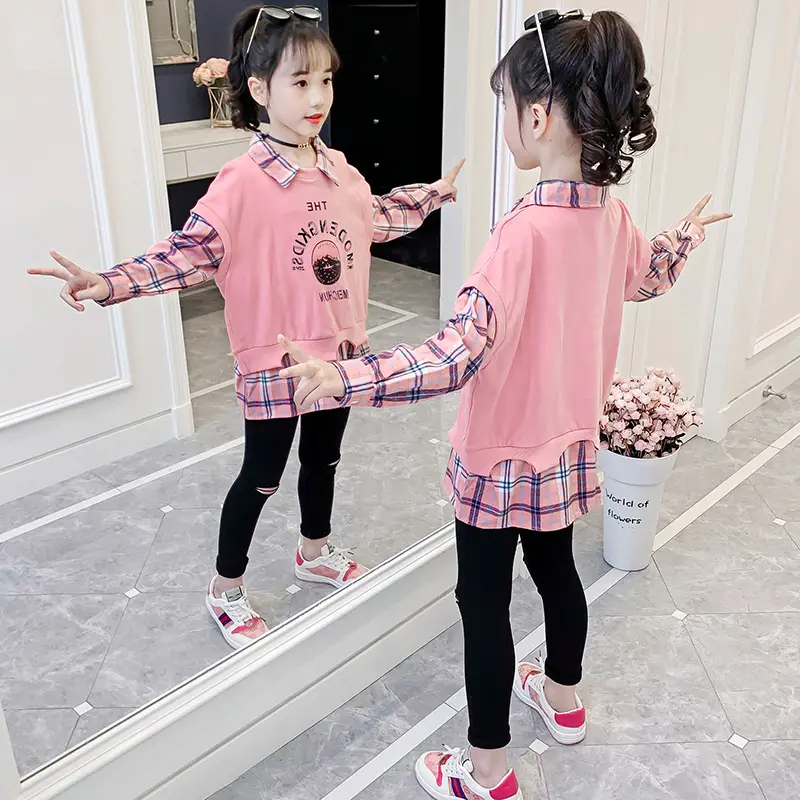 Girls Pink Plaid Pullover Sweatshirt Set 2025 - Image 5