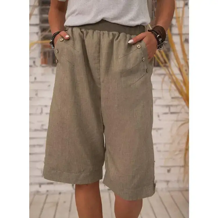 2021 Blue Cotton Linen Shorts Cross-border Women Casual Straight Leg