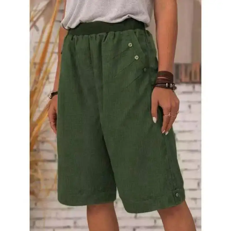 2021 Blue Cotton Linen Shorts Cross-border Women Casual Straight Leg