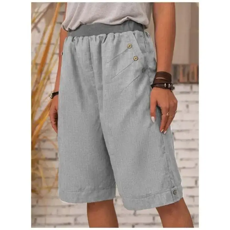 2021 Blue Cotton Linen Shorts Cross-border Women Casual Straight Leg