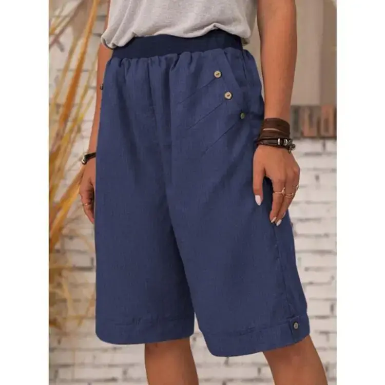 2021 Blue Cotton Linen Shorts Cross-border Women Casual Straight Leg