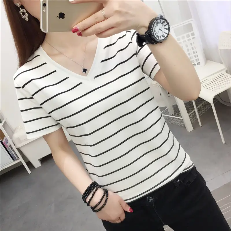 Women Blue White Striped V-Neck T-Shirt 100kg Cotton - Image 2