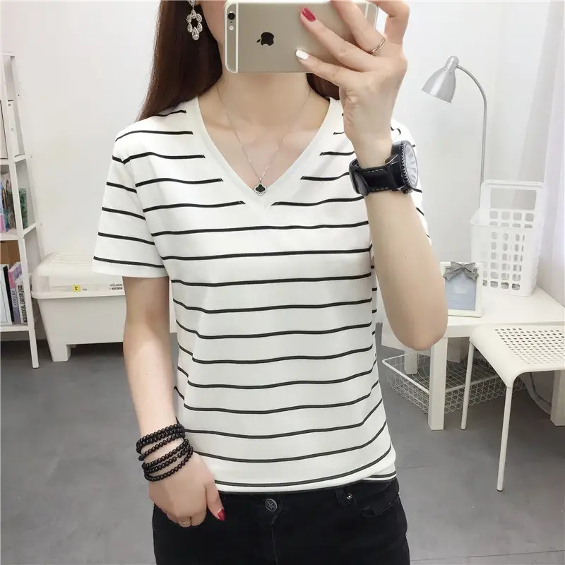 Women Blue White Striped V-Neck T-Shirt 100kg Cotton - Image 4