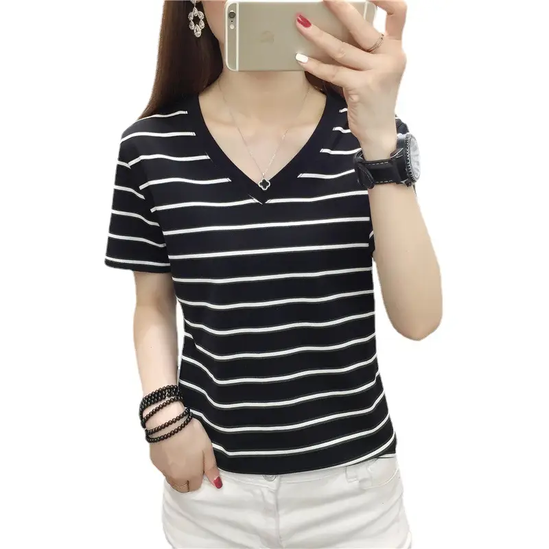 Women Blue White Striped V-Neck T-Shirt 100kg Cotton - Image 5