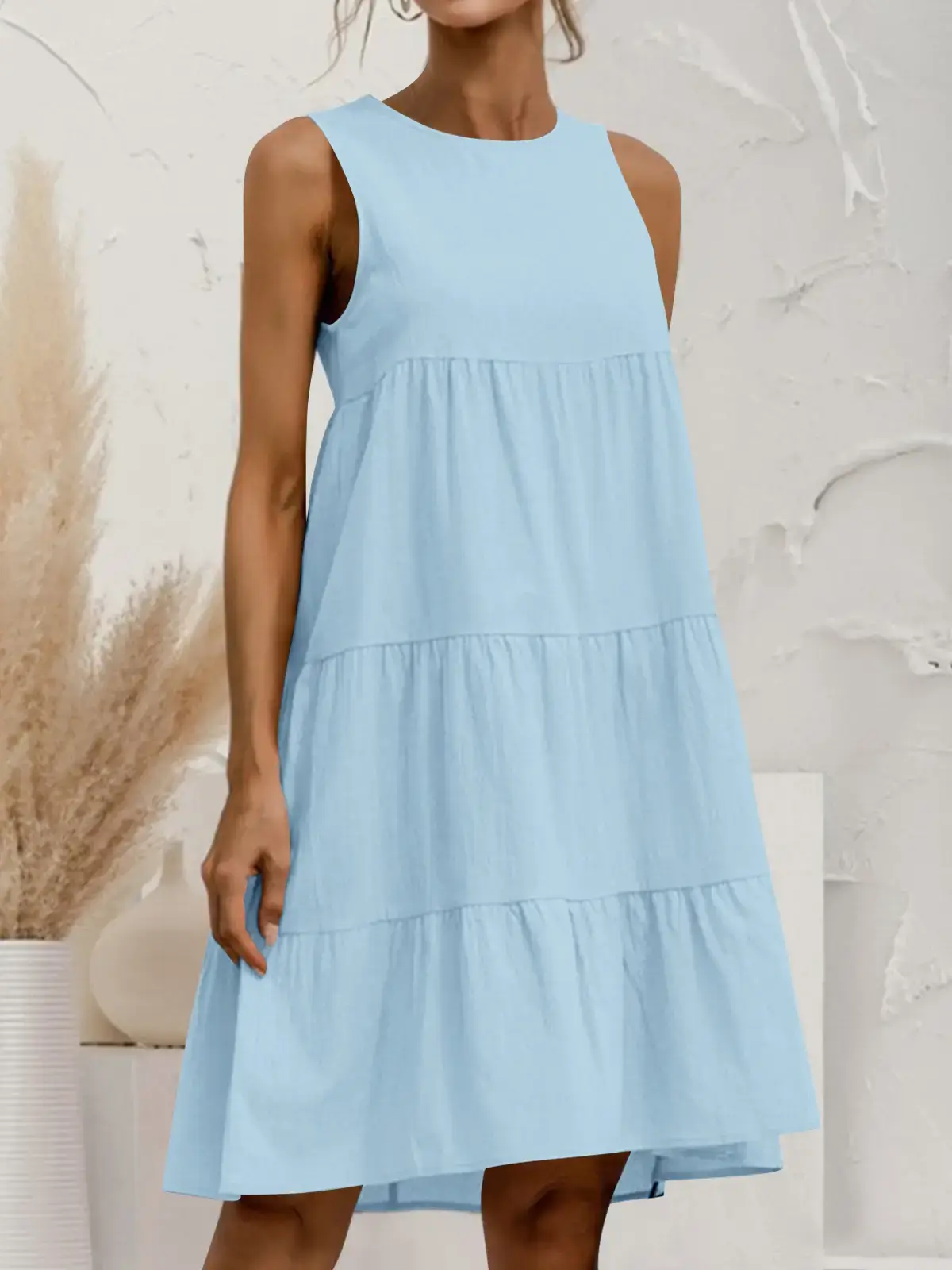 Women Cotton Linen Sleeveless Patchwork Dress Pink - Image 8