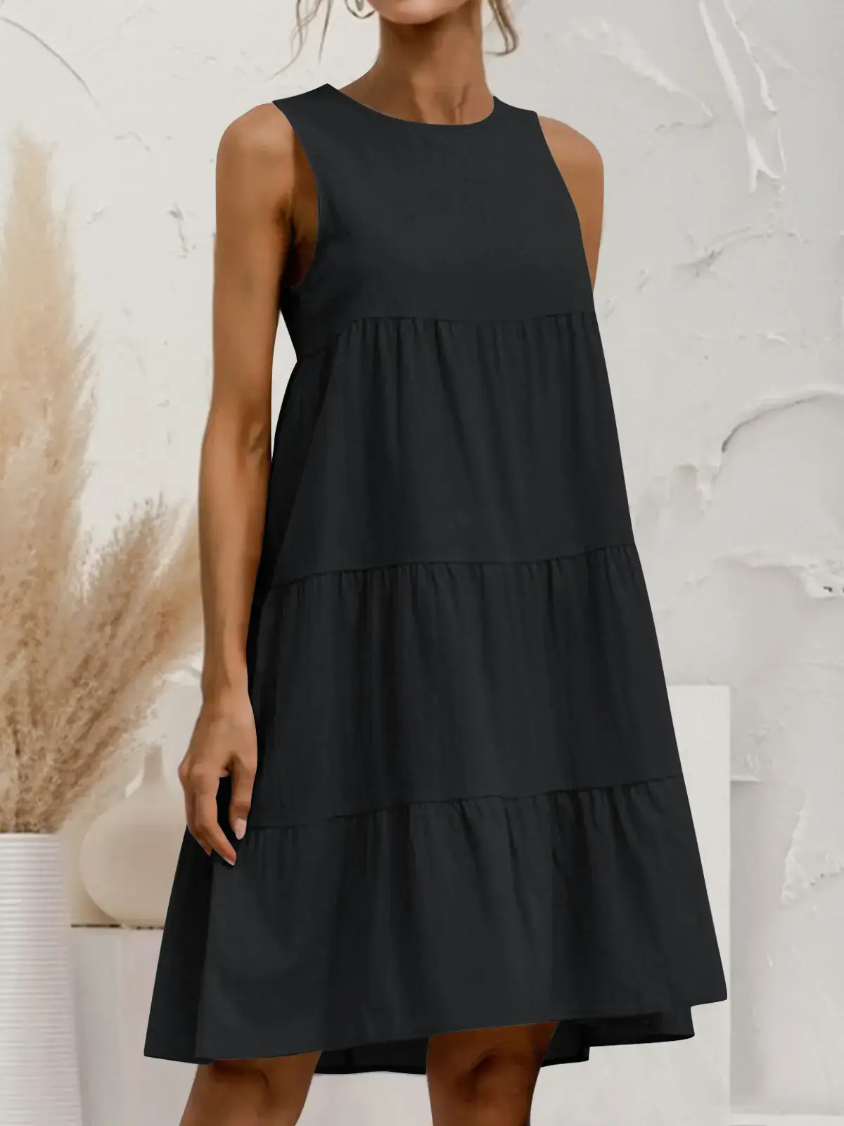 Women Cotton Linen Sleeveless Patchwork Dress Pink - Image 9