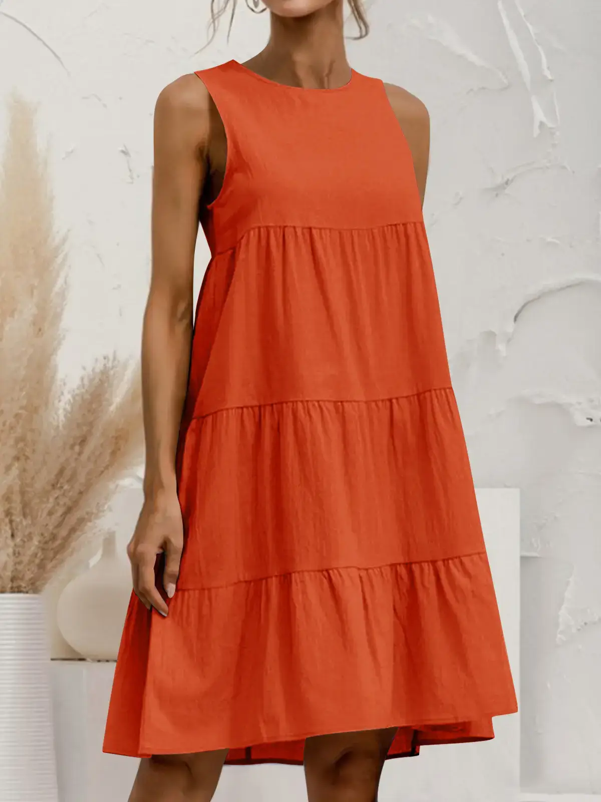 Women Cotton Linen Sleeveless Patchwork Dress Pink - Image 10