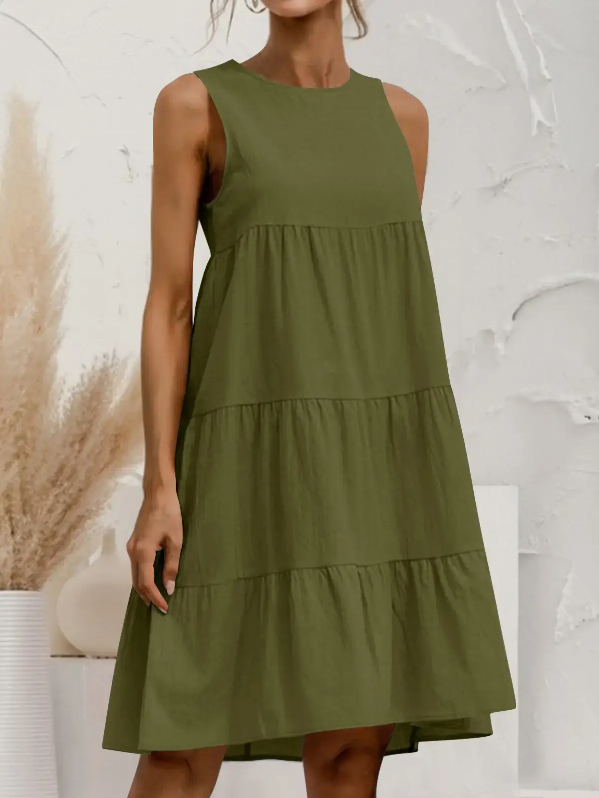 Women Cotton Linen Sleeveless Patchwork Dress Pink - Image 11