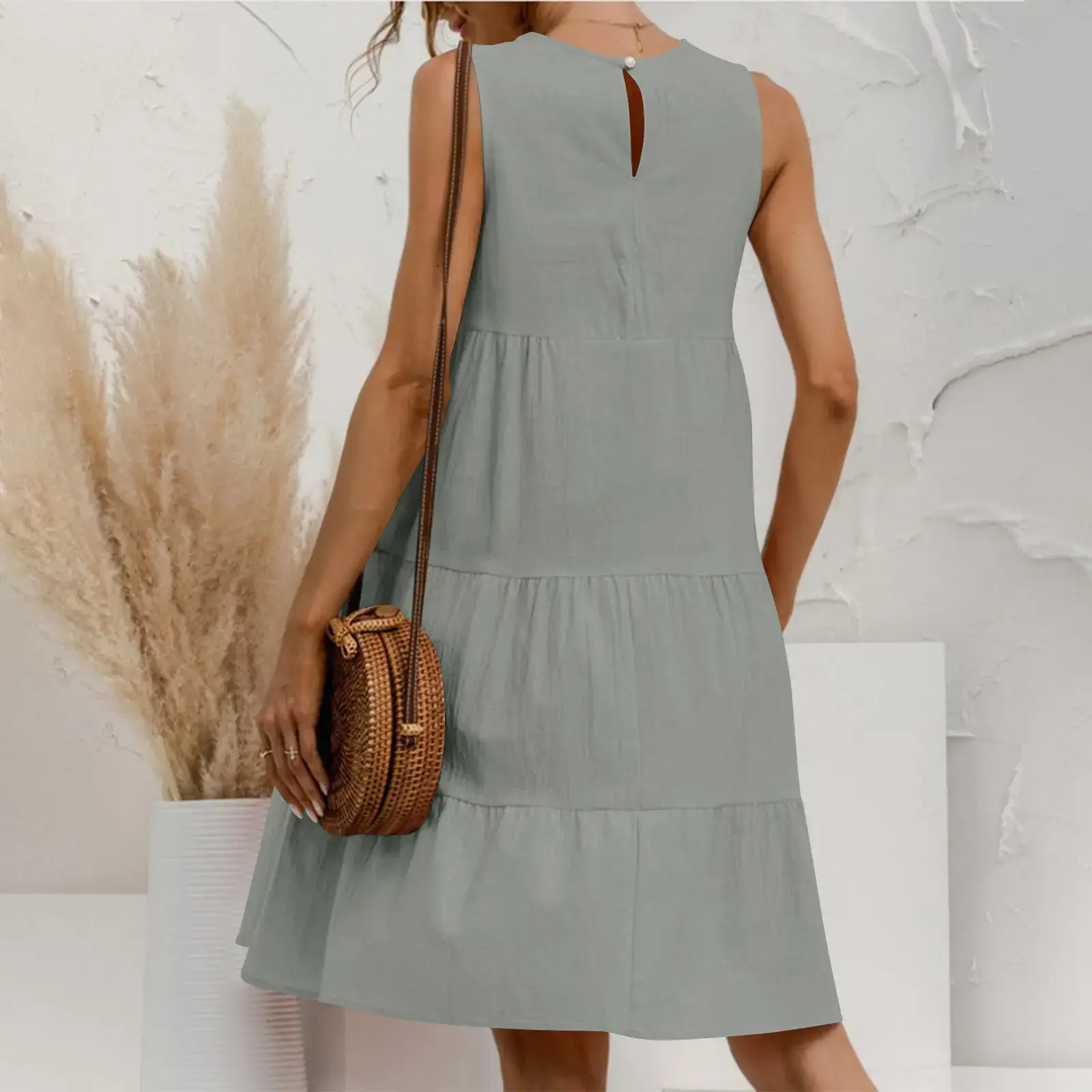 Women Cotton Linen Sleeveless Patchwork Dress Pink — feature 19