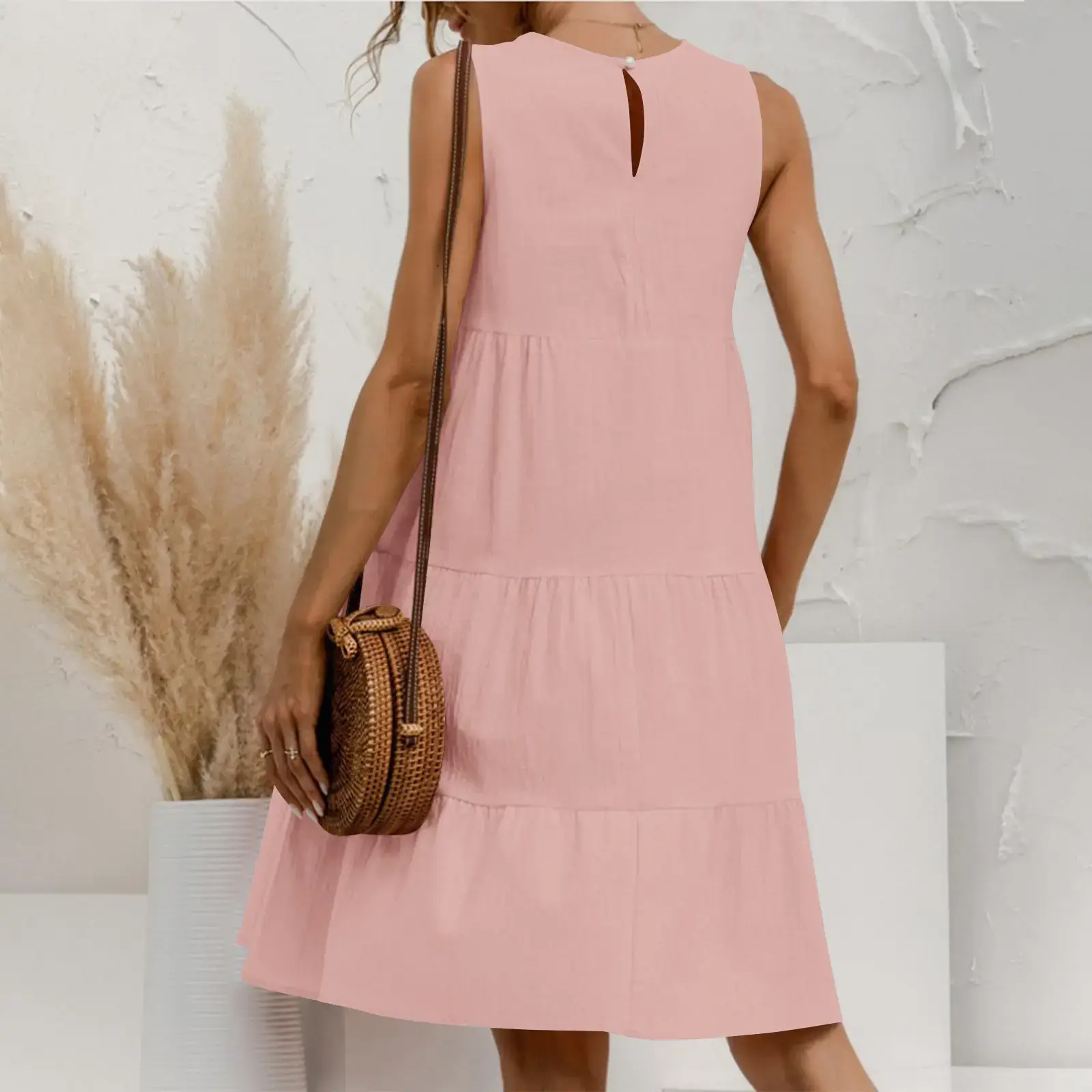 Women Cotton Linen Sleeveless Patchwork Dress Pink — feature 24