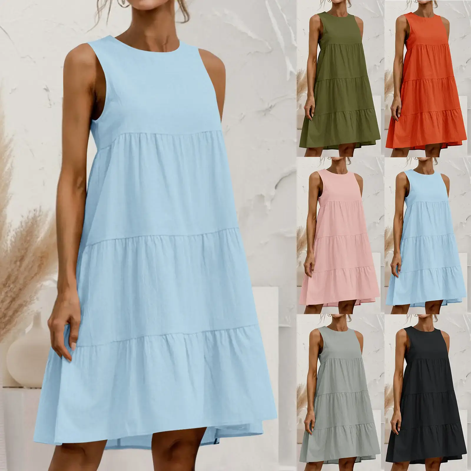 Women Cotton Linen Sleeveless Patchwork Dress Pink — feature 7