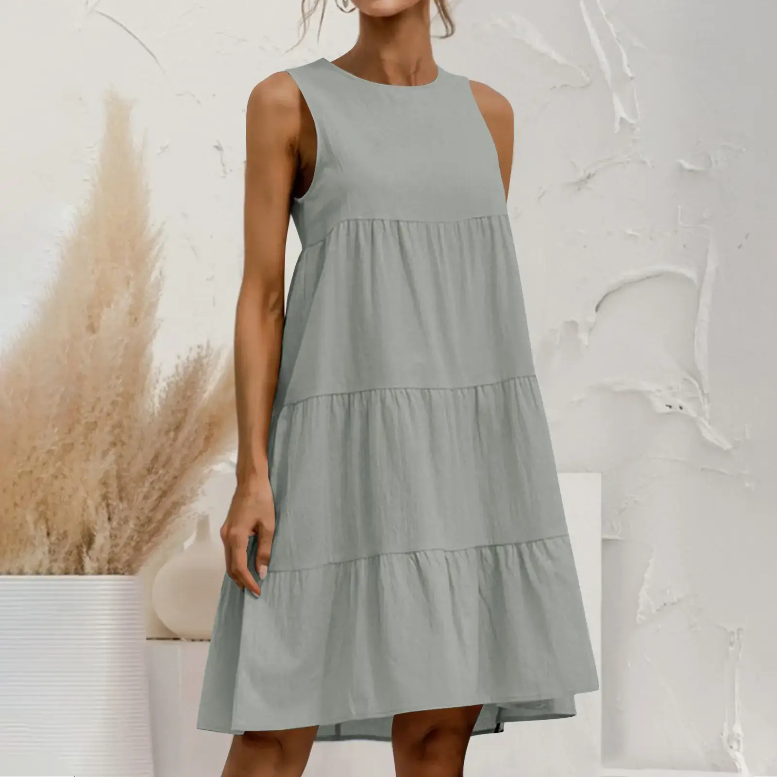 Women Cotton Linen Sleeveless Patchwork Dress Pink — feature 18