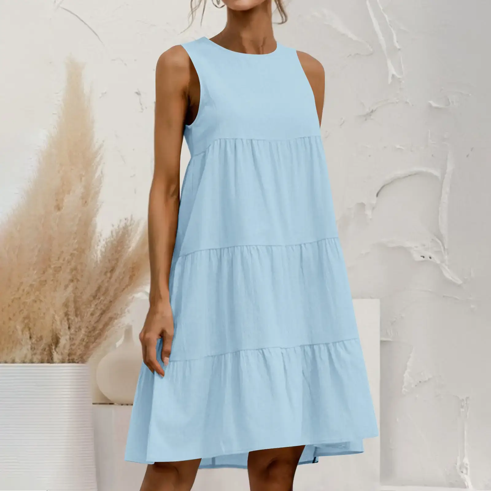 Women Cotton Linen Sleeveless Patchwork Dress Pink — feature 8