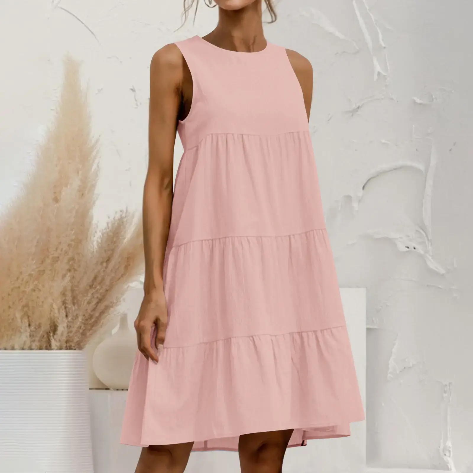 Women Cotton Linen Sleeveless Patchwork Dress Pink - Image 2