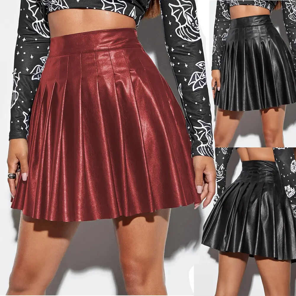 2025 Pleated Skirt Women Brown PU Leather Nightclub Style