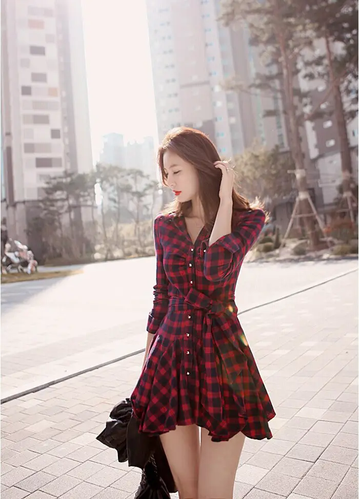 Red Plaid Slim Fitting Dress for Women 2025 - Image 4