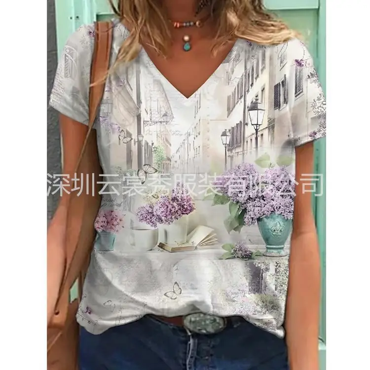 2021 Abstract Floral Print V Neck T-Shirt White Black - Image 9