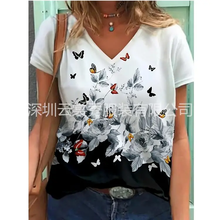 2021 Abstract Floral Print V Neck T-Shirt White Black - Image 11