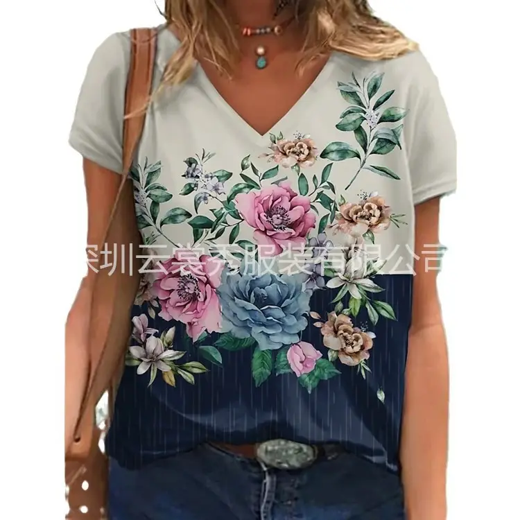 2021 Abstract Floral Print V Neck T-Shirt White Black - Image 12