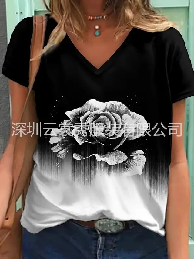 2021 Abstract Floral Print V Neck T-Shirt White Black - Image 4
