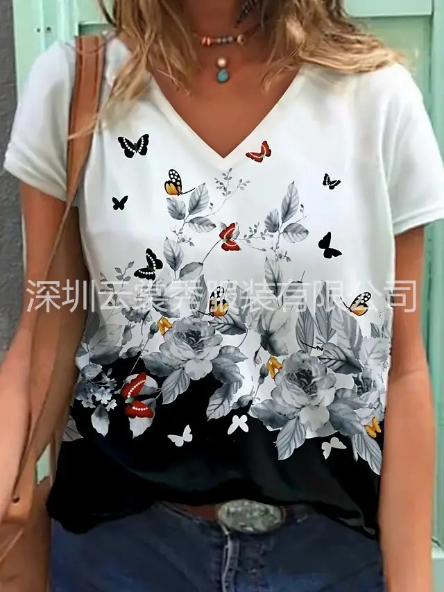 2021 Abstract Floral Print V Neck T-Shirt White Black - Image 6