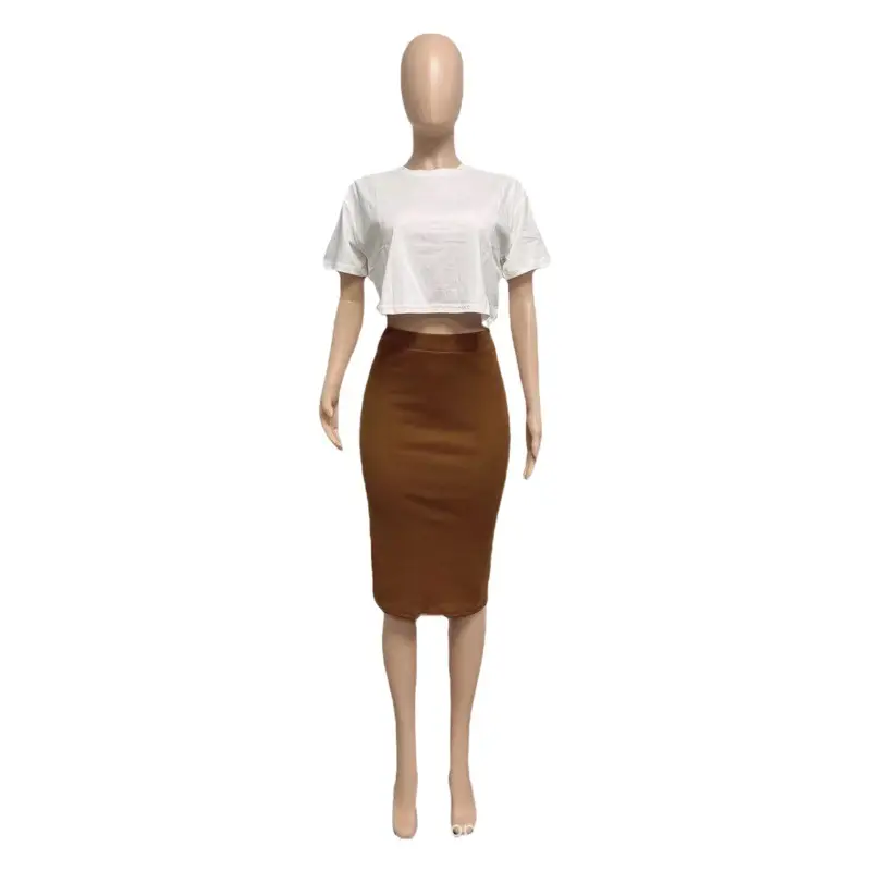 Women's Tan Skinny Midi Skirt with High Waist Top