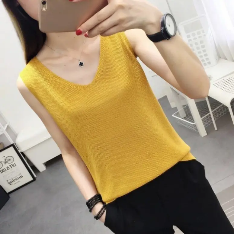 Women Knitted Sleeveless Vest Olive Green Spring Summer - Image 13
