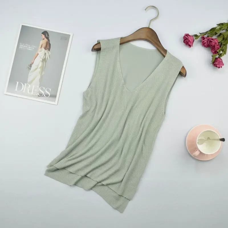 Women Knitted Sleeveless Vest Olive Green Spring Summer — feature 2