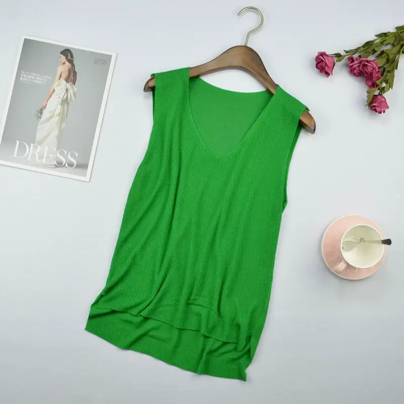 Women Knitted Sleeveless Vest Olive Green Spring Summer — feature 4