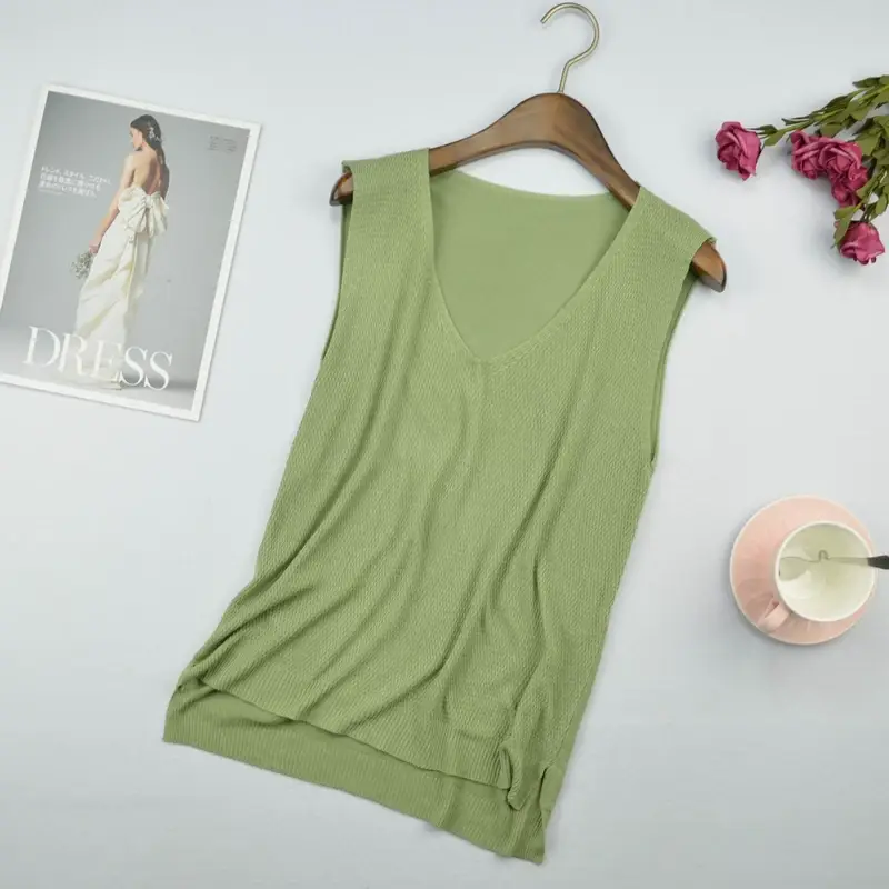 Women Knitted Sleeveless Vest Olive Green Spring Summer — feature 5