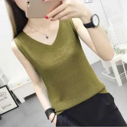 Women Knitted Sleeveless Vest Olive Green Spring Summer - Image 10