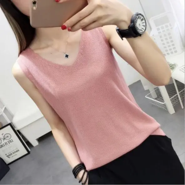Women Knitted Sleeveless Vest Olive Green Spring Summer - Image 2