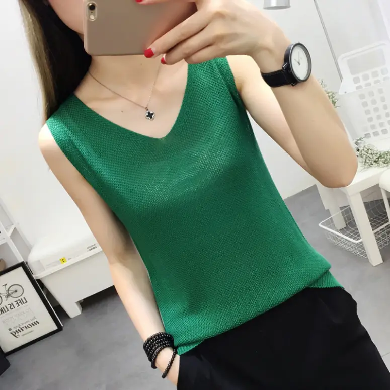 Women Knitted Sleeveless Vest Olive Green Spring Summer - Image 4