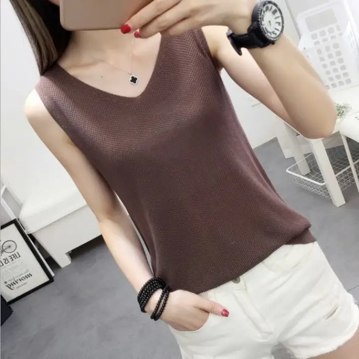 Women Knitted Sleeveless Vest Olive Green Spring Summer - Image 6