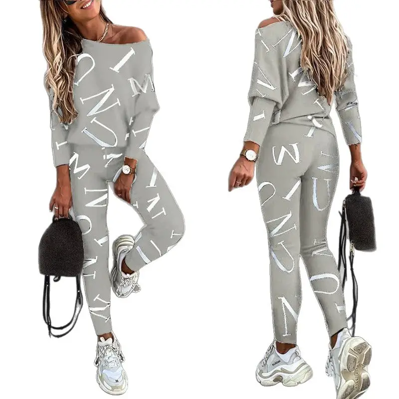 2025 Women Letter Print Long Sleeve Pants Suit Pink - Image 9