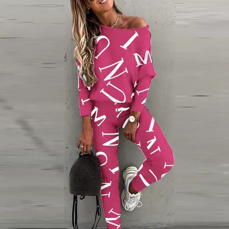 2025 Women Letter Print Long Sleeve Pants Suit Pink — feature 10
