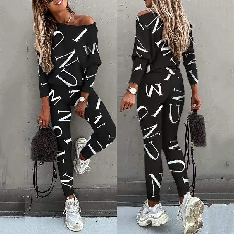 2025 Women Letter Print Long Sleeve Pants Suit Pink — feature 4