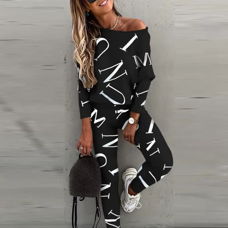 2025 Women Letter Print Long Sleeve Pants Suit Pink — feature 5