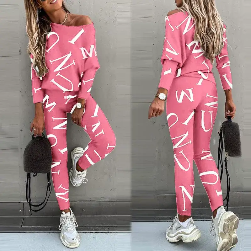 2025 Women Letter Print Long Sleeve Pants Suit Pink — feature 7