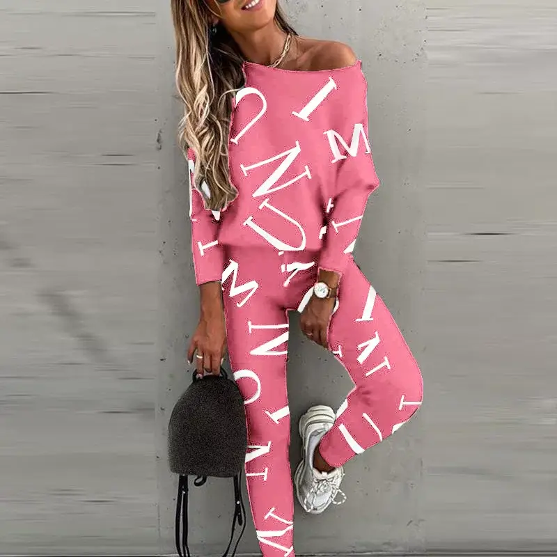 2025 Women Letter Print Long Sleeve Pants Suit Pink — feature 8