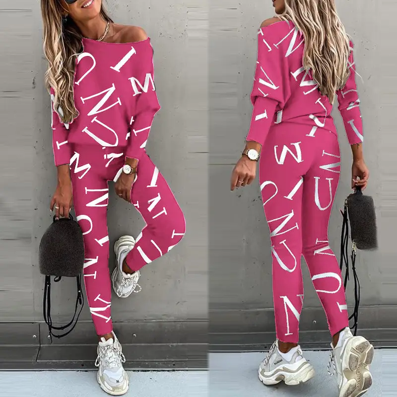 2025 Women Letter Print Long Sleeve Pants Suit Pink - Image 3